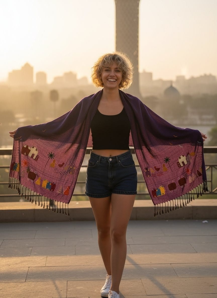 Hand-Made Cotton Scarf - Embroidered - Traditional Egyptian Colorful designs M06