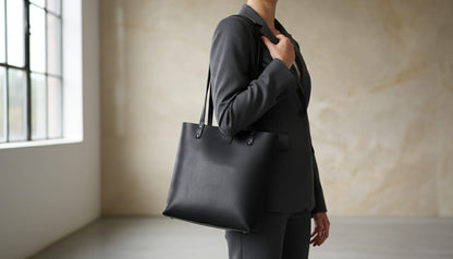 Person wearing a dark gray suit holding a black tote bag in a minimalistic room.