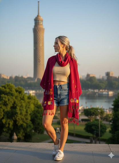 Hand-Made Cotton Scarf - Embroidered - Traditional Egyptian Colorful designs M06