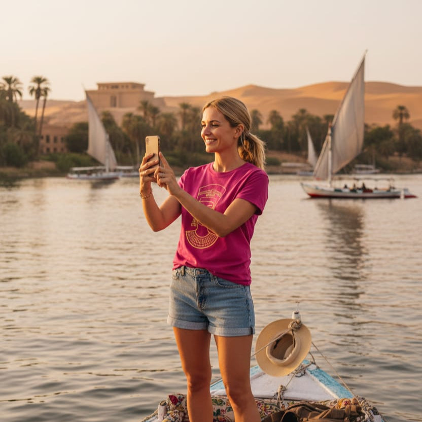 Woman taking a selfie on a boat with Felucca sailboats and ancient Egyptian architecture in the background.