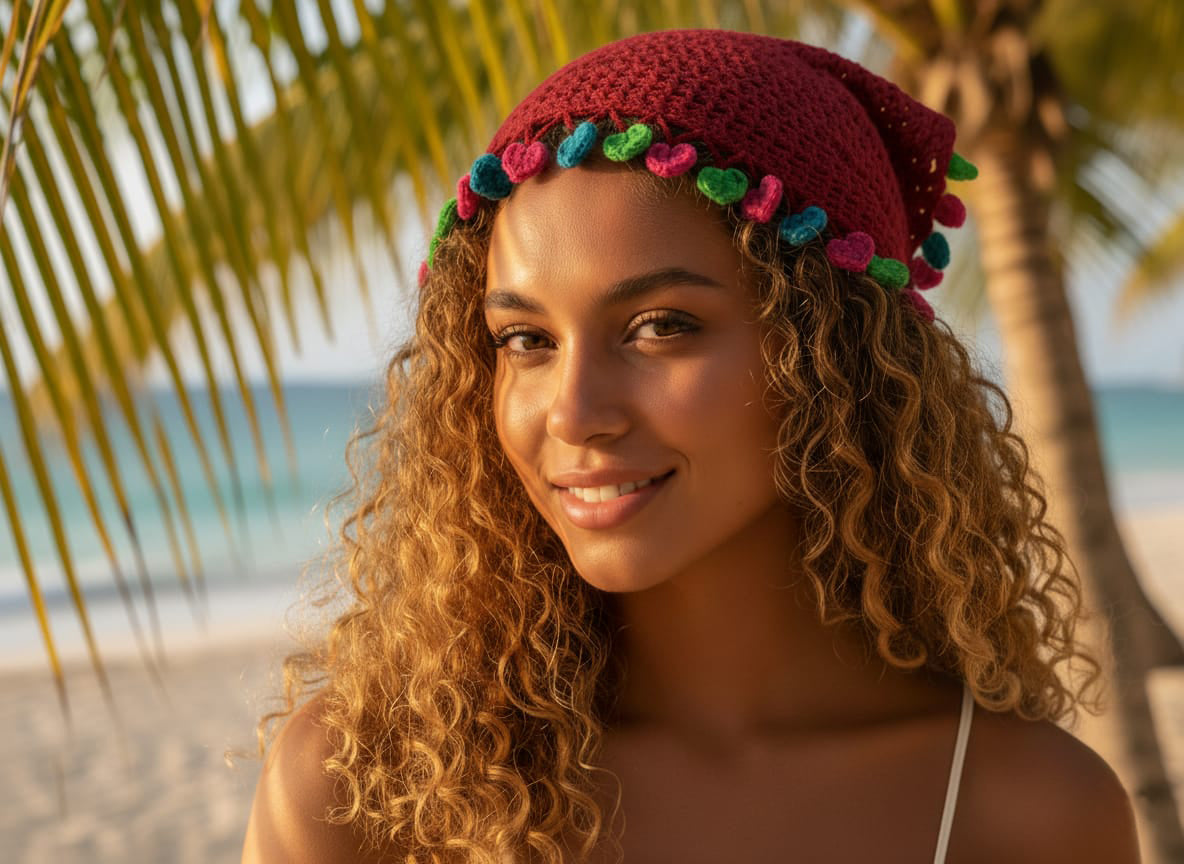 Woman with curly hair wearing a colorful headband on a beach