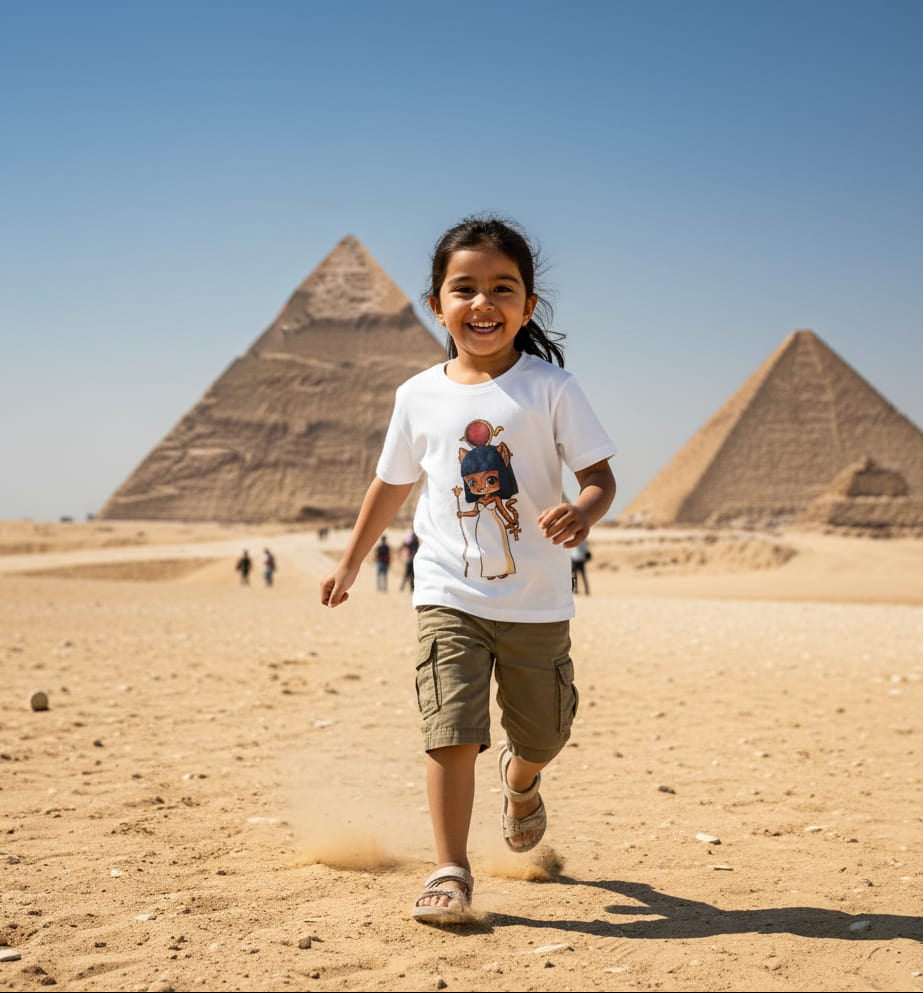 ANKH 100% Cotton T-Shirt for Kids - Egyptian Mau Cat Print
