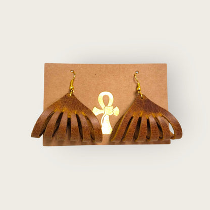 Genuine Leather Fringe Earrings | ANKH Egyptian Royalty Handmade Boho Statement Jewelry