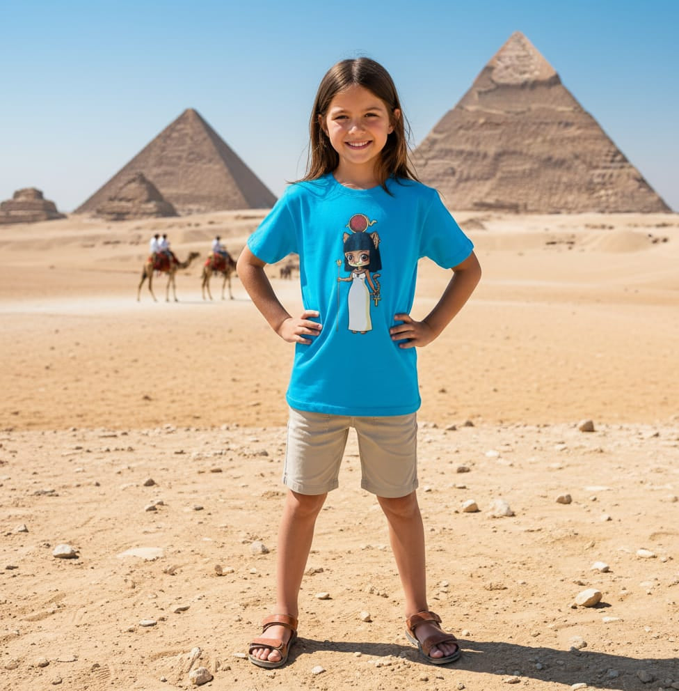 ANKH 100% Cotton T-Shirt for Kids - Egyptian Mau Cat Print