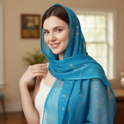 Woman wearing a blue scarf with a pattern in a room with a window and plant.