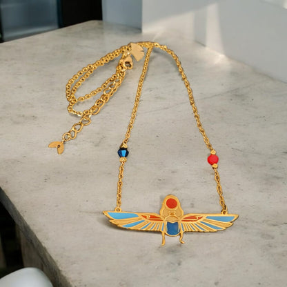 Gold-Plated Scarab Amulet Necklace – Egyptian Winged Design