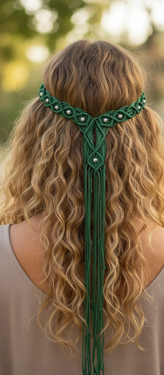 Green macrame headband with beads on a person with long, wavy hair.