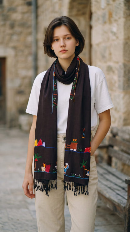 Hand-Made Cotton Scarf - Embroidered - Traditional Egyptian Colorful designs M06