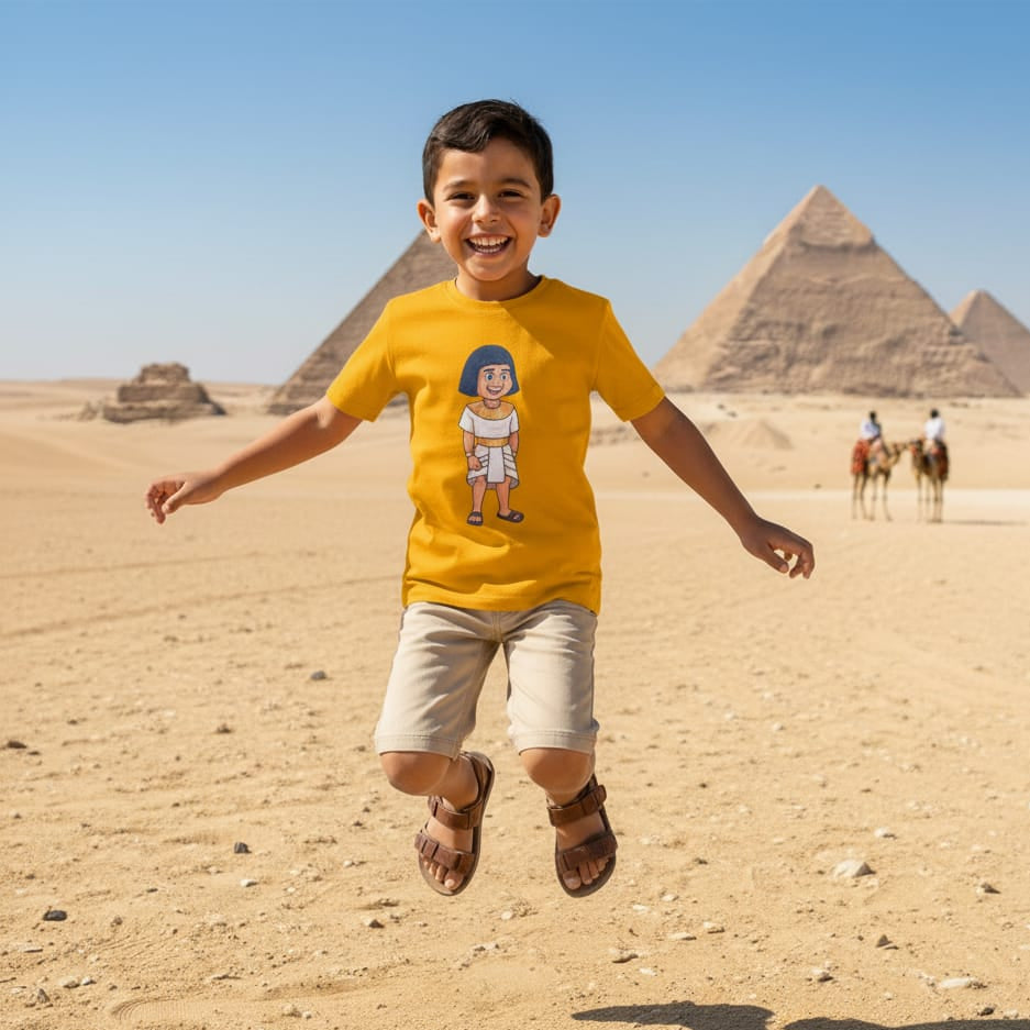 Child in a yellow shirt with pyramid designs in front of the pyramids of Giza.