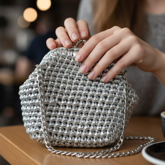 Person holding a silver woven handbag with a blurred cafe background