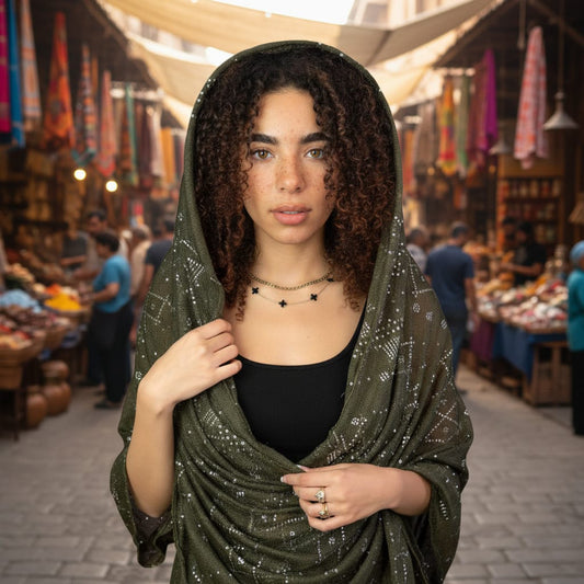 Woman wearing a green headscarf in a market setting