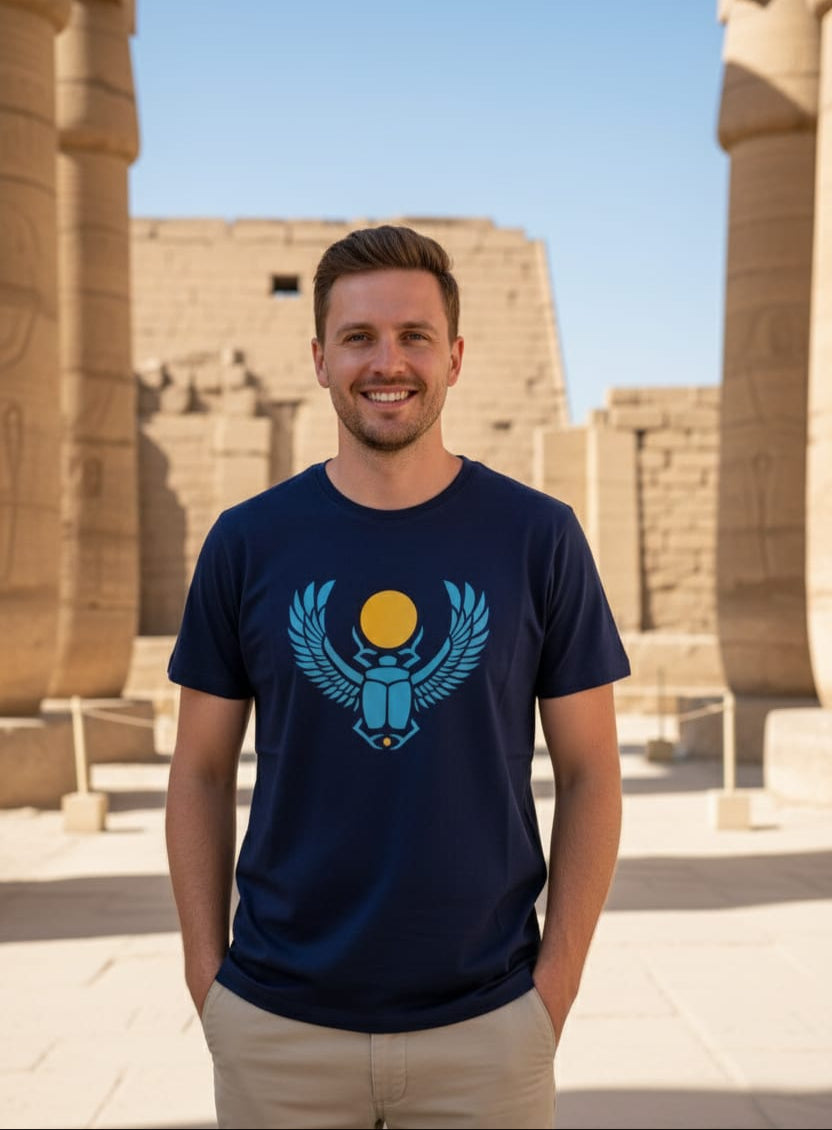 Man wearing a navy blue t-shirt with a blue and yellow graphic design in front of ancient stone architecture.