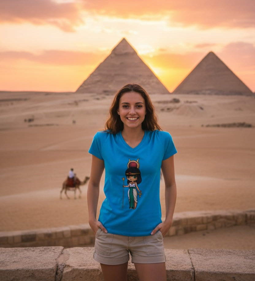 Woman in a blue t-shirt standing in front of the pyramids with a camel in the background during sunset.