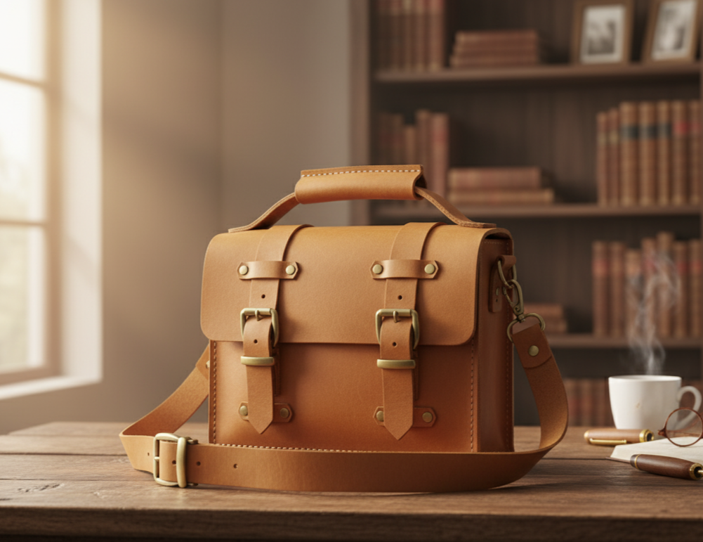 Brown leather satchel on a wooden table with a bookshelf in the background
