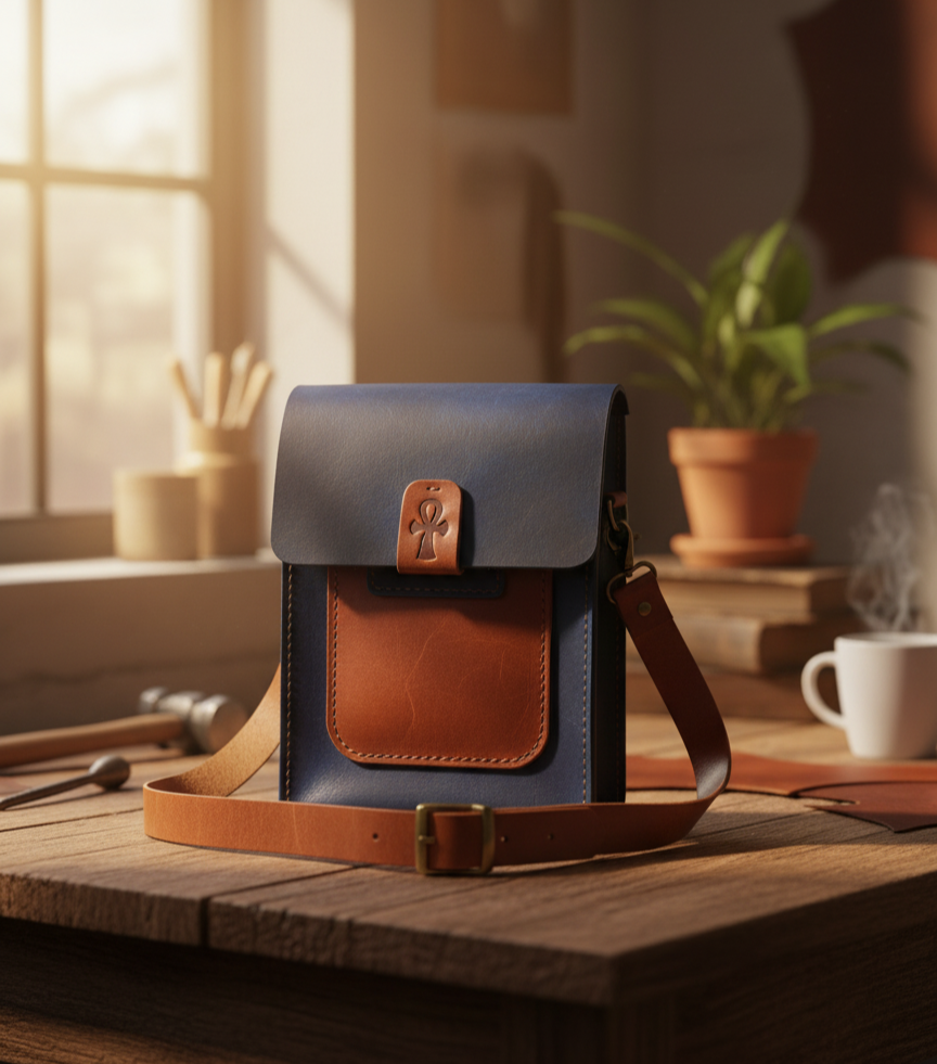 Blue and brown leather bag on a wooden surface with a cozy indoor background