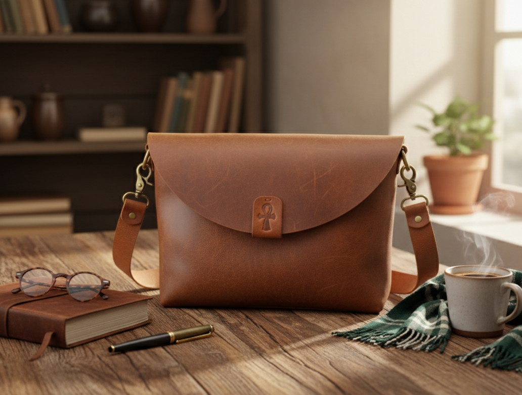 Brown leather bag on a wooden table with a book, glasses, pen, and mug in a cozy setting.