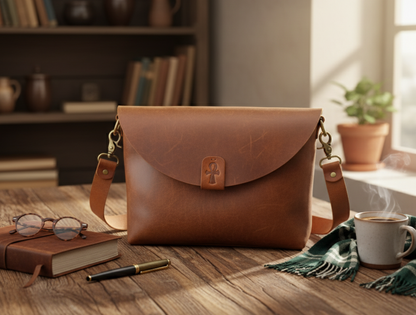 Brown leather bag on a wooden table with a book, glasses, pen, and mug in a cozy setting.