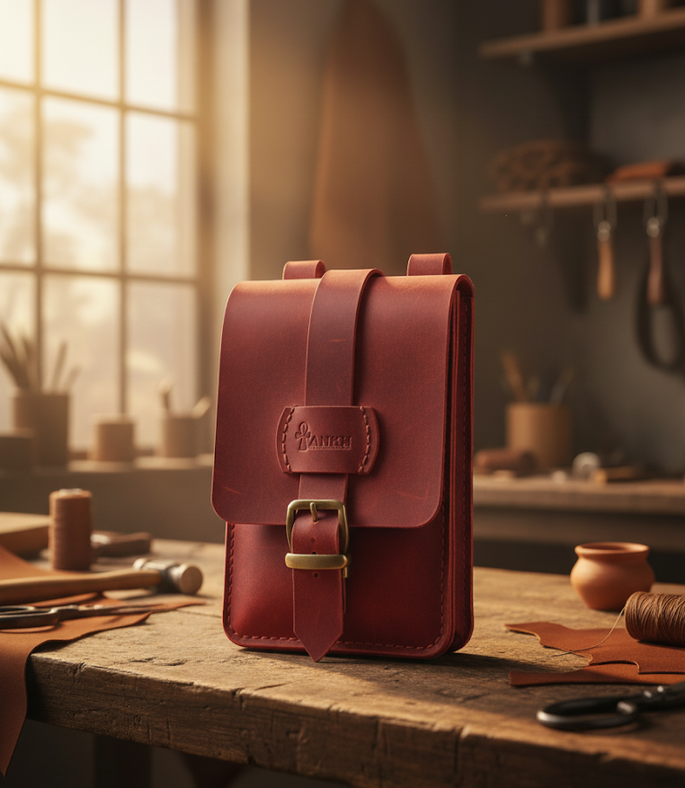Red leather pouch with a gold buckle on a wooden table in a workshop setting.
