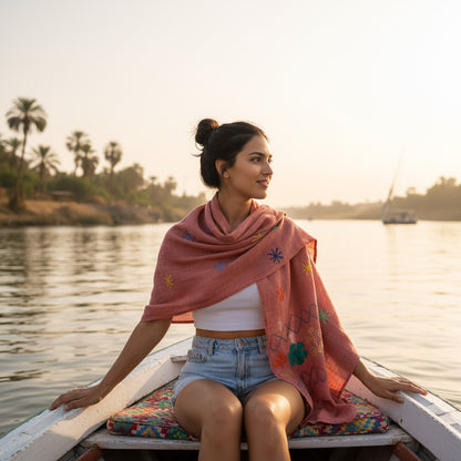 Woman sitting on a boat wearing a pink shawl with a scenic background