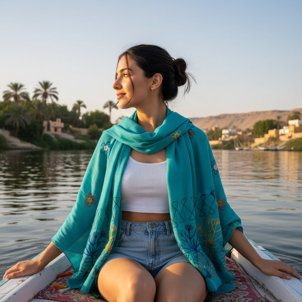Woman sitting on a boat by a lake, wearing a turquoise scarf and white top.