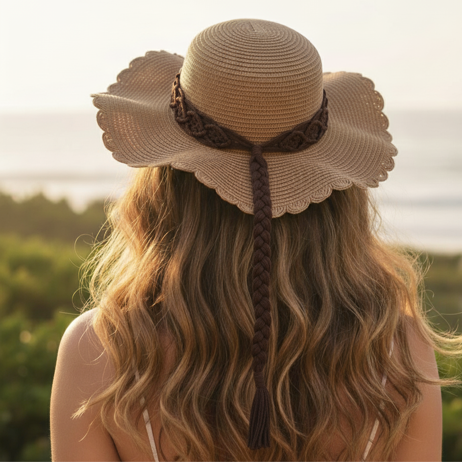 Person wearing a decorative straw hat with a braided detail, standing outdoors with a blurred natural background.