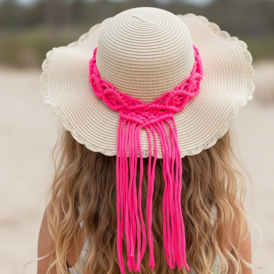 Beige straw hat with pink macrame accessory on a blurred beach background