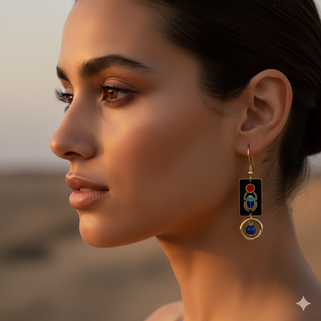 Gold-Plated Scarab Earrings with Howlite Stones – Egyptian Design