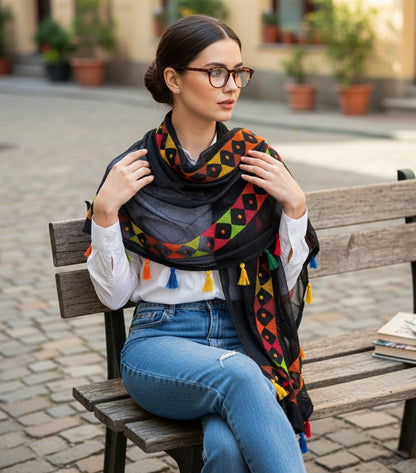 Woman sitting on a bench wearing a colorful patterned scarf in an outdoor setting.