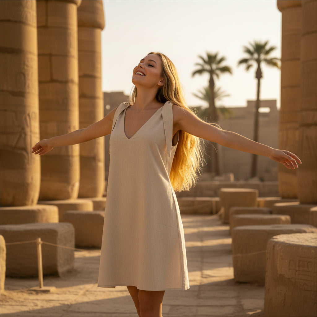 Woman in a beige dress standing in front of ancient stone columns with palm trees in the background.