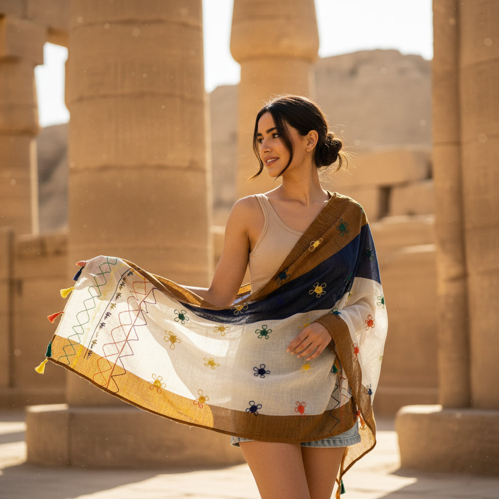 Woman holding a colorful scarf in front of ancient stone columns
