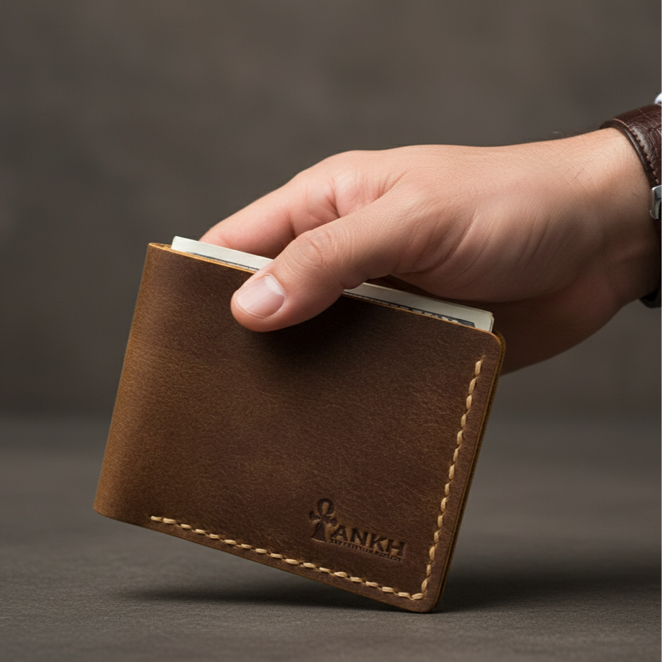 Brown leather wallet held by a hand on a dark background