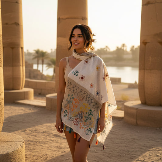 Woman wearing a colorful embroidered shawl in an ancient temple setting