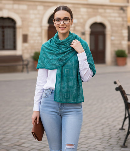 Woman wearing a teal scarf in an outdoor setting