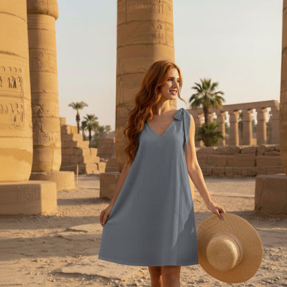Woman in a light blue dress holding a straw hat in front of ancient temple columns.
