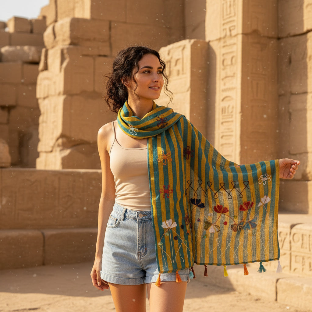 Woman standing in front of ancient stone architecture, wearing a colorful scarf.