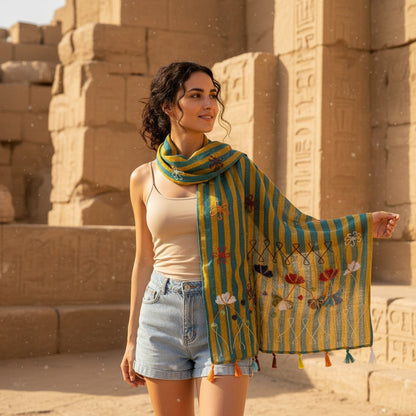 Woman standing in front of ancient stone architecture, wearing a colorful scarf.