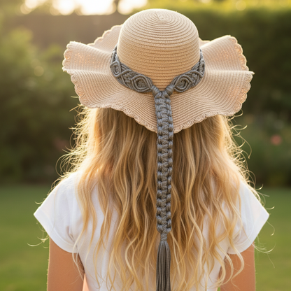 Person wearing a straw hat with decorative band and tassel outdoors