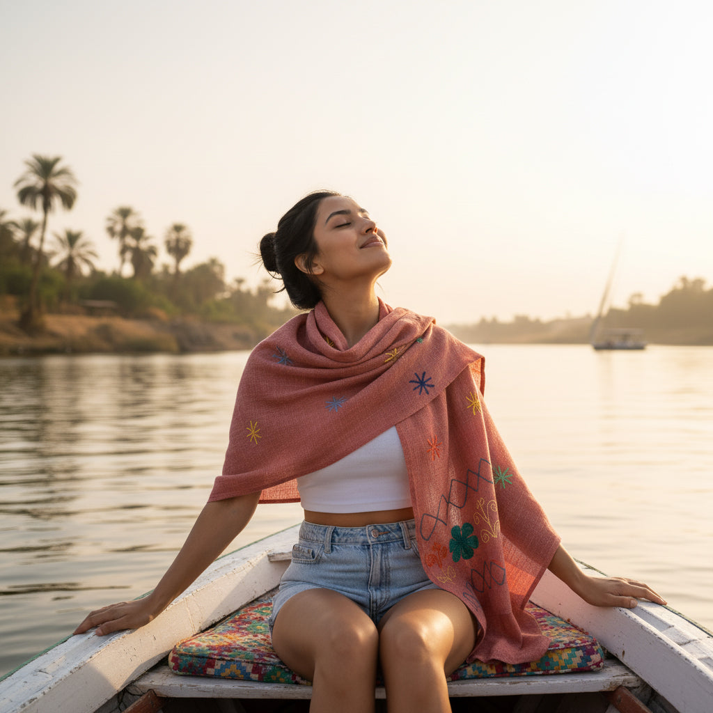 Woman sitting on a boat wearing a pink shawl with a scenic background