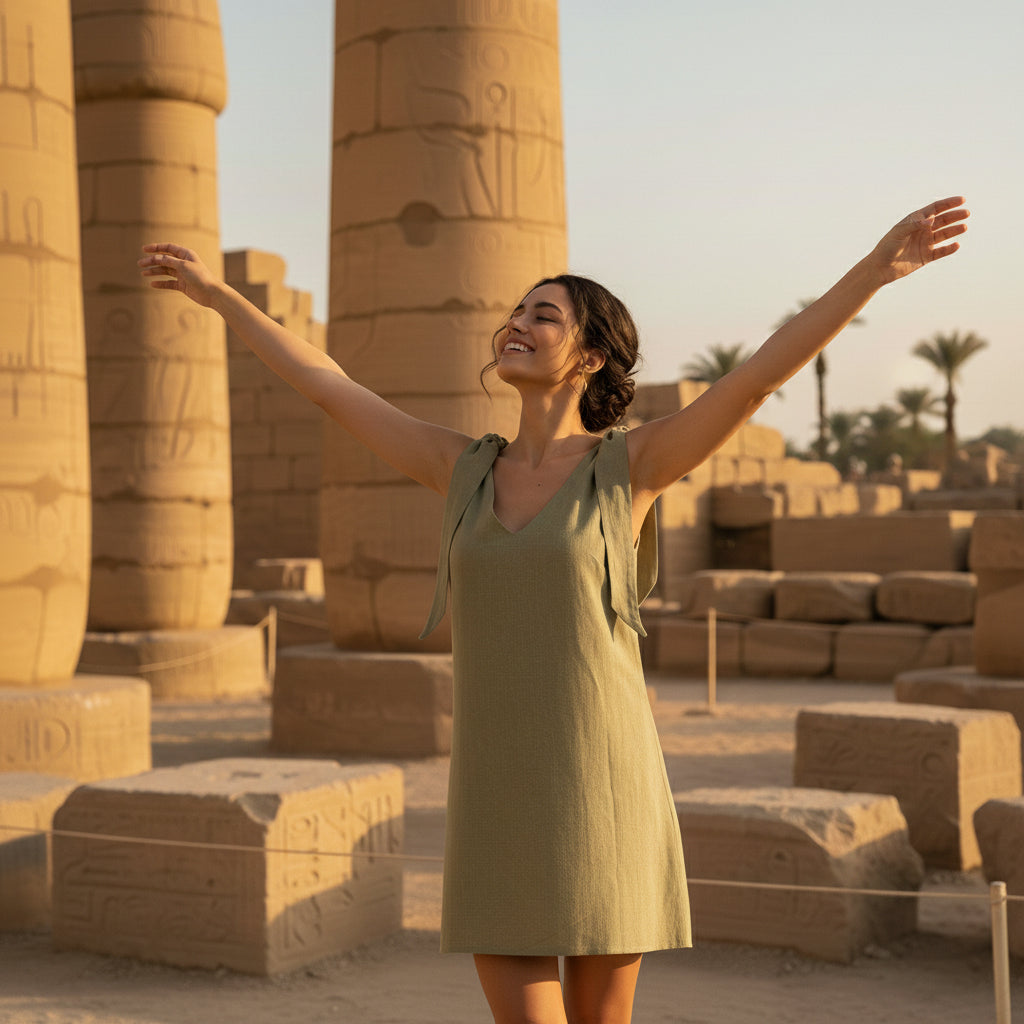 Woman in a green dress standing with arms outstretched in front of ancient Egyptian columns.