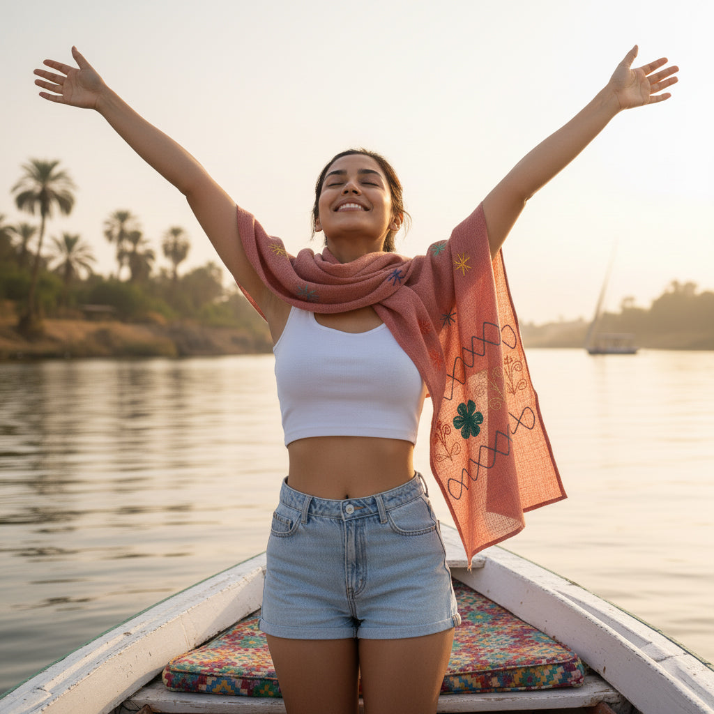 Woman standing on a boat with arms outstretched by a body of water
