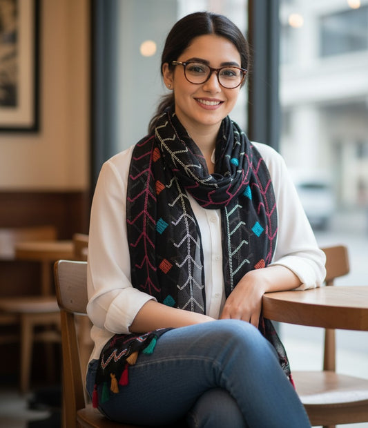 Woman wearing a colorful scarf sitting at a table in a cafe