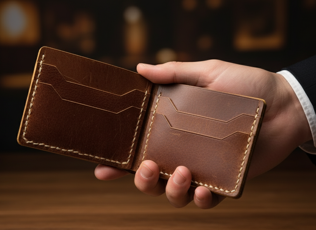Hand holding a brown leather wallet against a blurred background