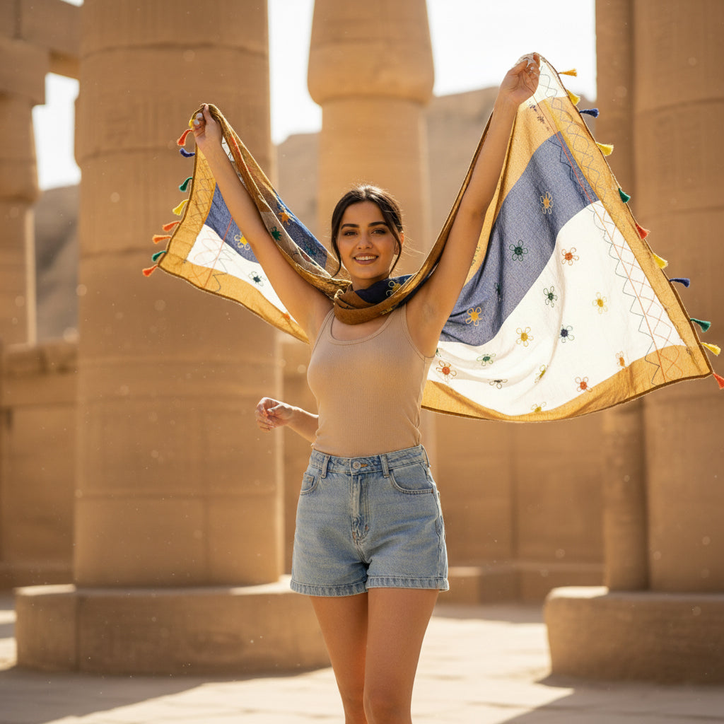 Woman holding a colorful scarf in front of ancient stone columns