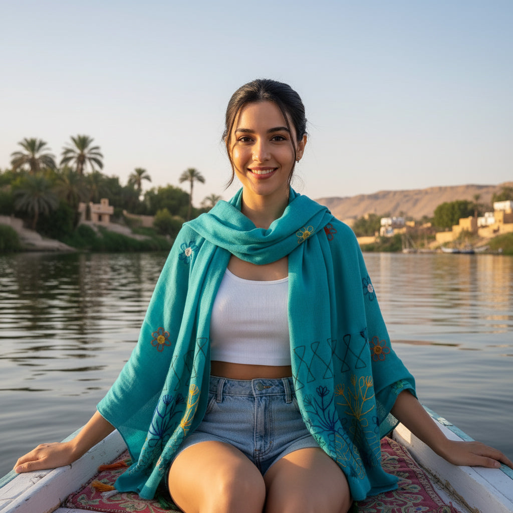 Woman sitting on a boat wearing a turquoise scarf with a scenic background