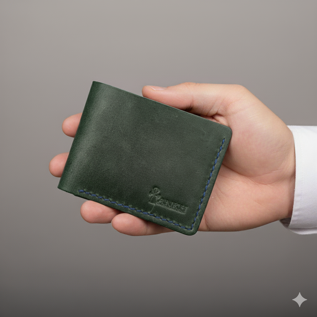 Hand holding a green leather wallet against a gray background