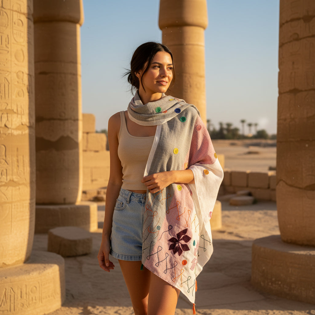 Woman standing in front of ancient Egyptian columns with a colorful scarf