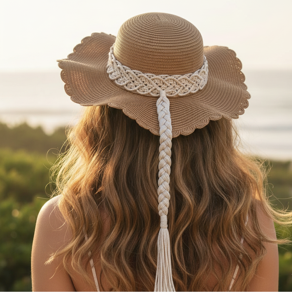 Person wearing a straw hat with a braided ribbon and tassel, standing outdoors.