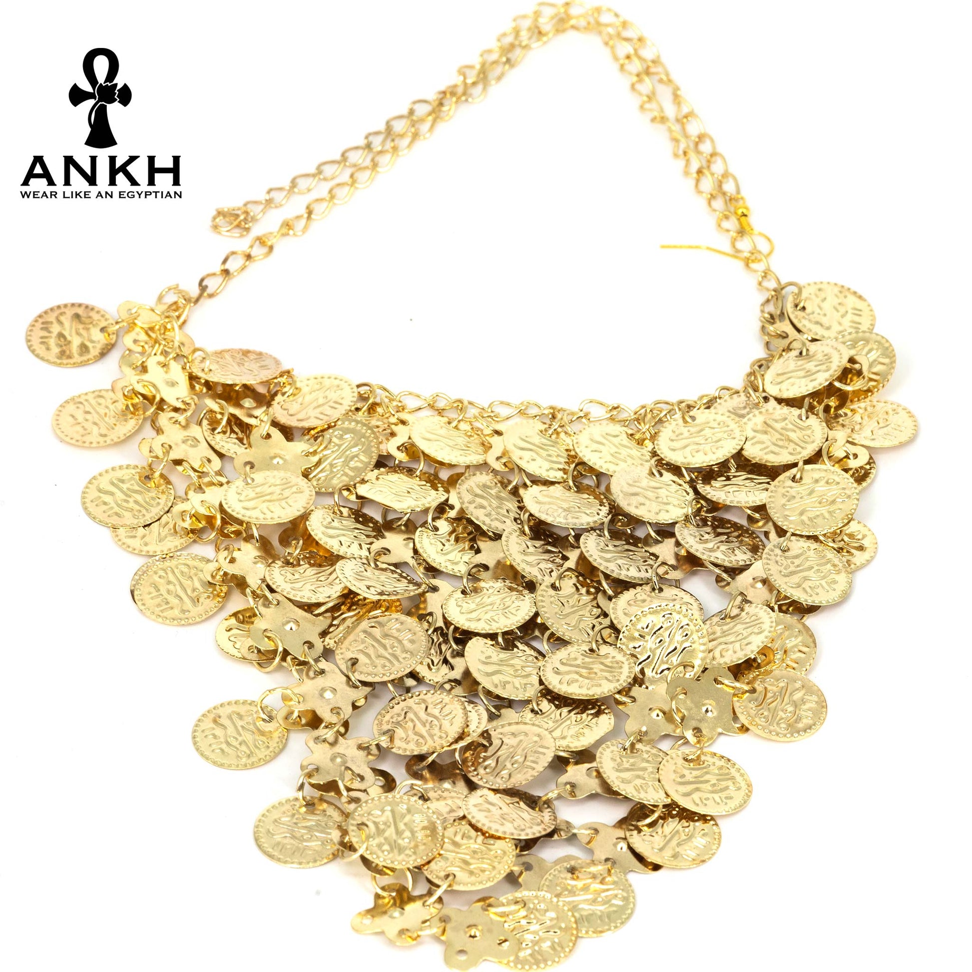 A golden necklace with a chain and a chest piece made of coin-like pieces with intricate engravings, inspired by ancient Egyptian culture.