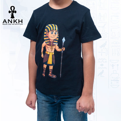 Child wearing a premium white t-shirt adorned with a colorful cartoon depiction of ancient Egyptian King Ahmose, made from luxurious Egyptian Cotton – available exclusively at Ankh