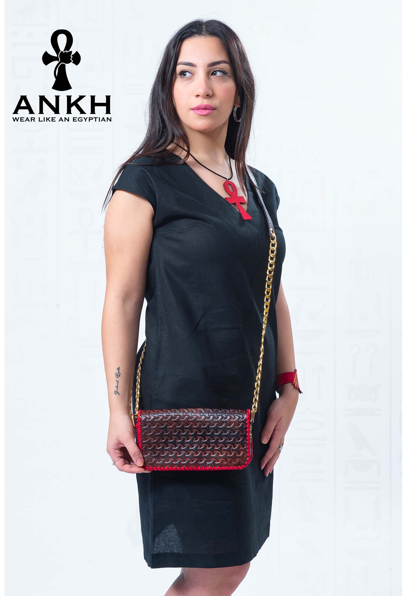 ANKH’s exclusive dress, intricately designed for the modern Egyptian culture enthusiast. Adorned with a unique, upper-class necklace, this piece is a must-have for tourists seeking an authentic Egyptian aesthetic